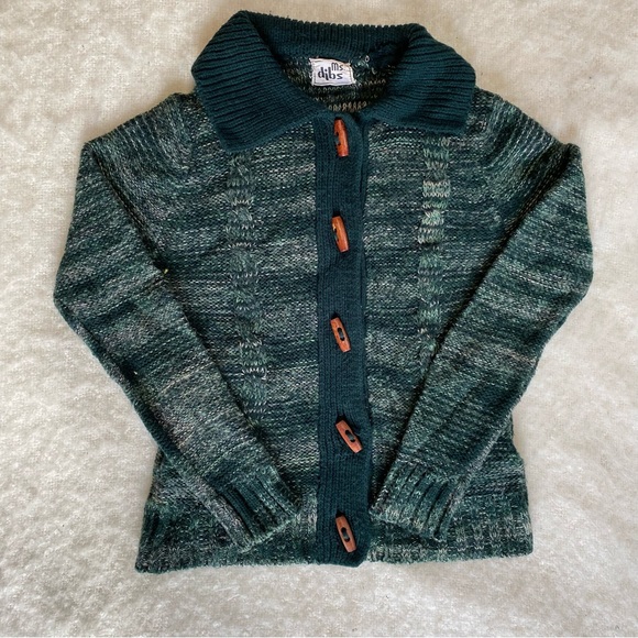 Vintage Sweaters - Vtg Ms Dibs Collared Green Cardigan Wood Toggles 90s Womens Size XS